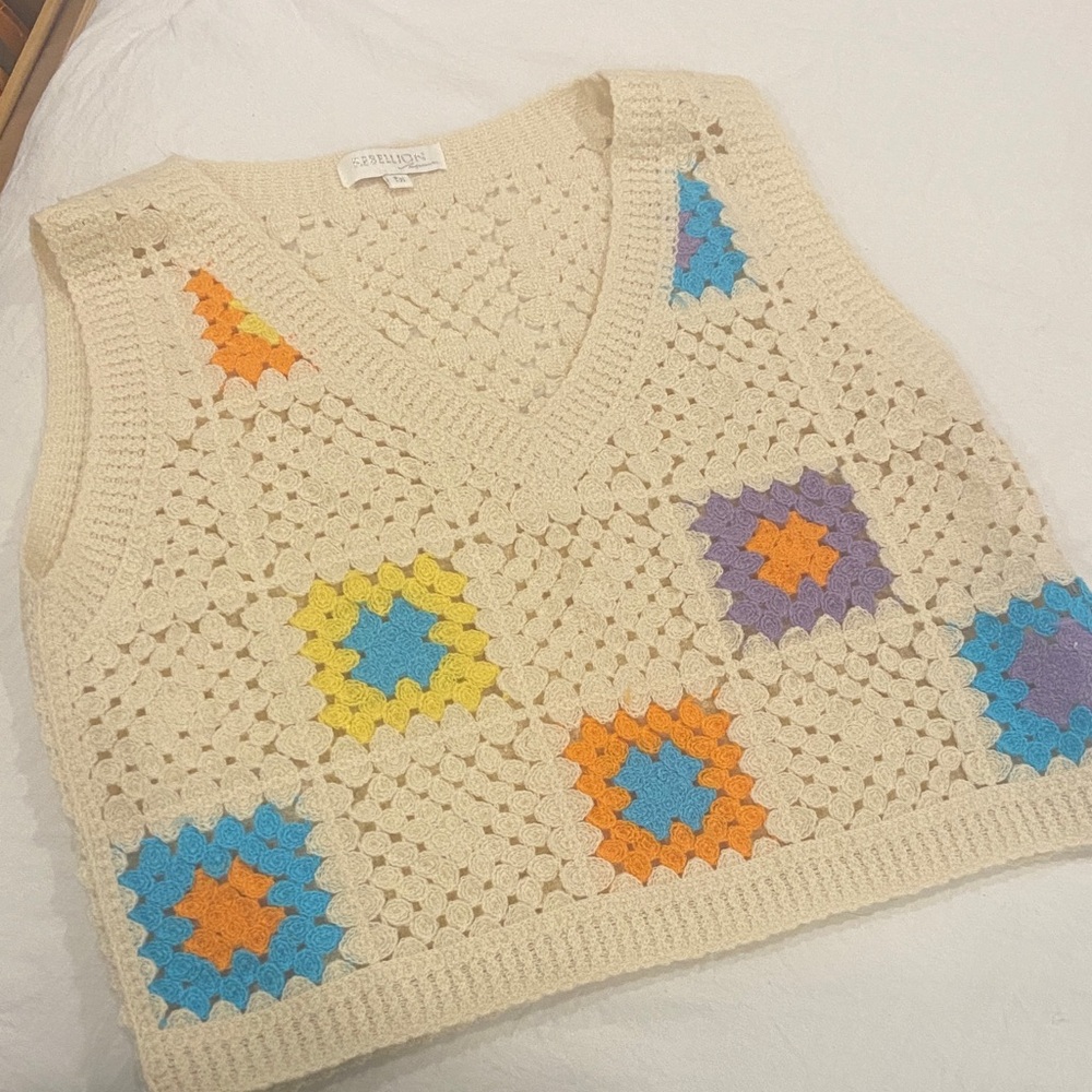 Rebellion V-Neck Crochet Sweater Vest - Cream with Colorful Accents - Picture 2 of 10